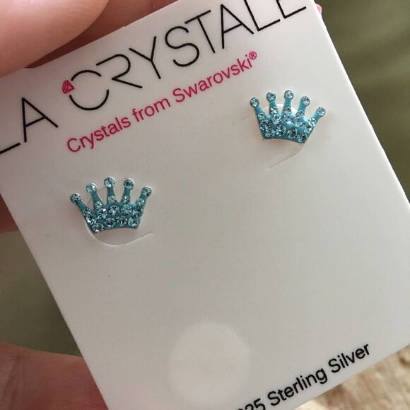 Girls Swarovski Sterling Silver Crown Ear Studs - Picture 3 of 4